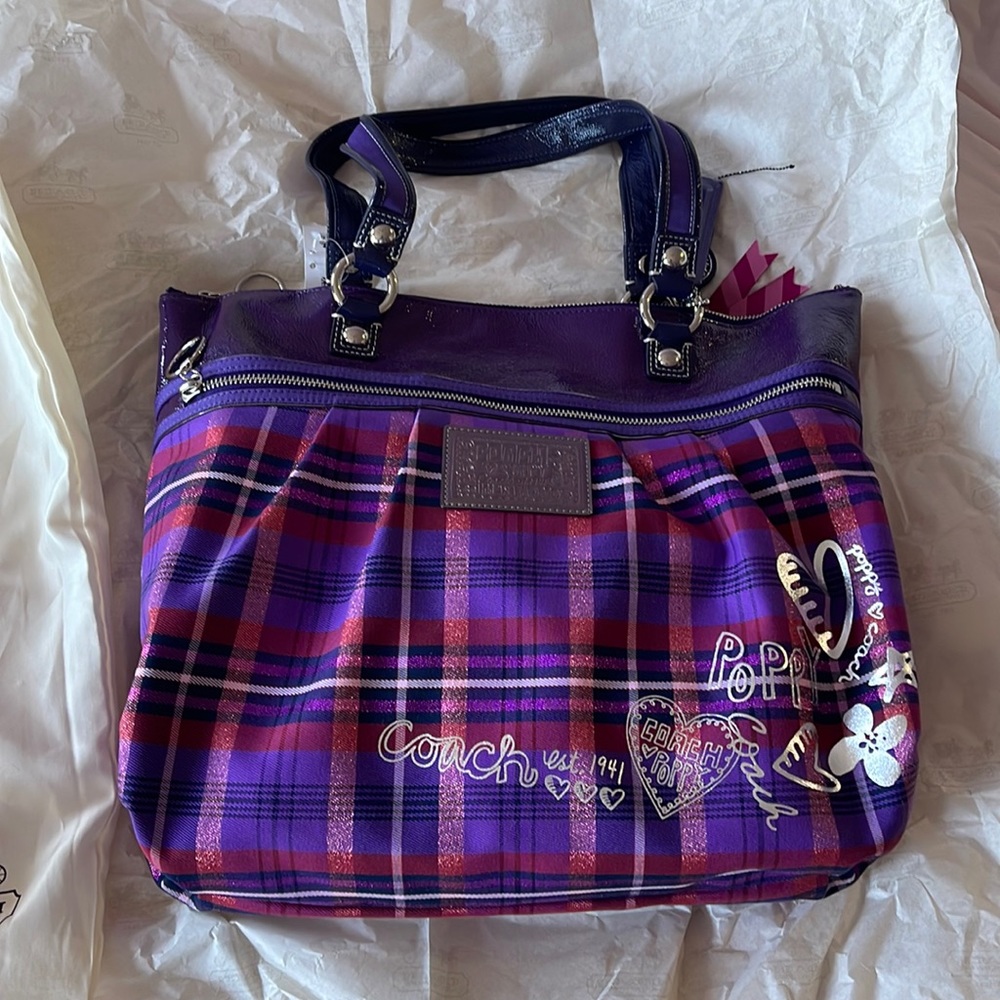Vintage Coach Poppy Berry Tartan Plaid Glam Purple Leather Tote Limited Edition